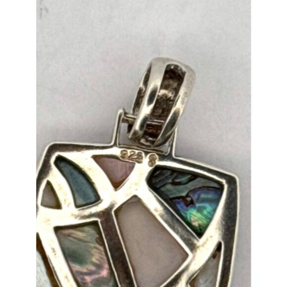 Vintage 925 Sterling Silver Abalone & Mother of Pearl Inlay Mosaic Pendant 3.3g - Picture 9 of 9